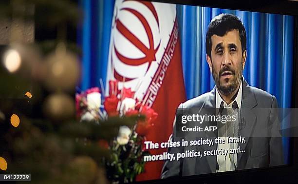 Iran's President Mahmoud Ahmedinejad delivers Channel 4's Alternative Christmas Message to British audiences, London, on December 25, 2008. The...