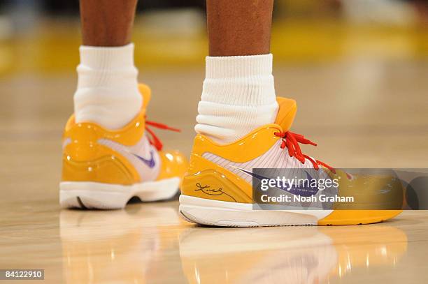 View of the shoes of Kobe Bryant of the Los Angeles Lakers during a game against the Boston Celtics at Staples Center on December 25, 2008 in Los...