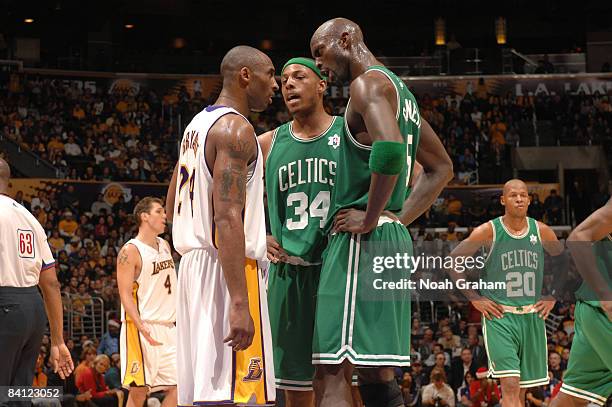 Kobe Bryant of the Los Angeles Lakers gets into an argument with Paul Pierce and Kevin Garnett of the Boston Celtics during their game at Staples...