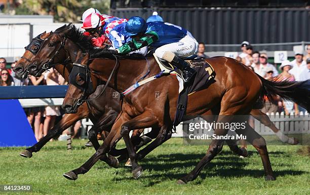 Andrew Calder riding Firebolt , Michael Coleman riding Down the Road and James McDonald riding Le Baron in a close finish in the First Sovereign...