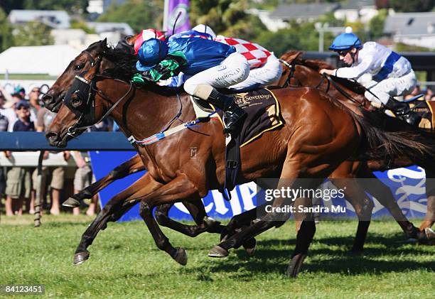 James McDonald riding Le Baron leads Andrew Calder riding Firebolt and Michael Coleman riding Down the Road in a close finish in the First Sovereign...