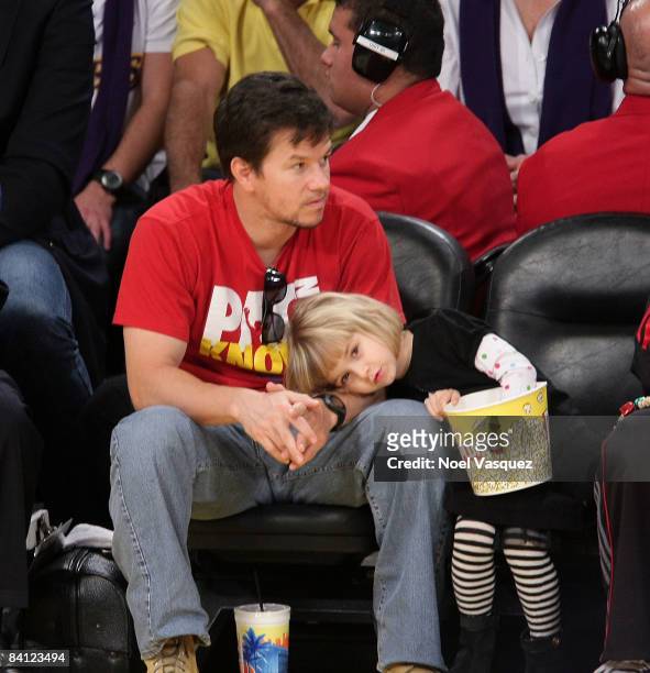 Actor Mark Wahlberg and daughter Ella Rae Wahlberg attend the Los Angeles Lakers vs Boston Celtics game at the Staples Center on December 25, 2008 in...
