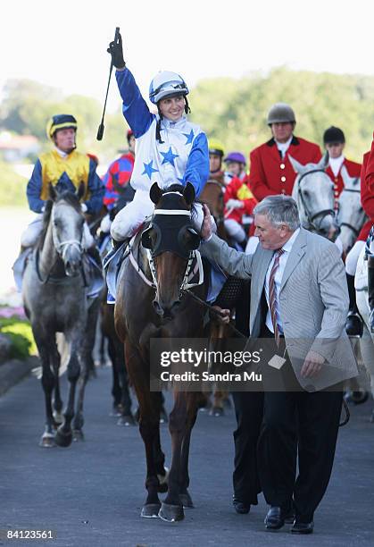 Sam Spratt riding Gallions Reach celebrates winning the Zabeel Classic during the New Zealand Herald Christmas Carnival meeting at Ellerslie...