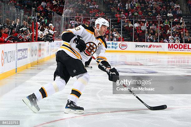 Zdeno Chara of the Boston Bruins skates against the New Jersey Devils at the Prudential Center on December 23, 2008 in Newark, New Jersey. The Bruins...