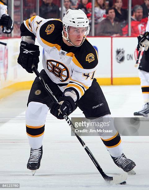Martin St. Pierre of the Boston Bruins skates against the New Jersey Devils at the Prudential Center on December 23, 2008 in Newark, New Jersey. The...