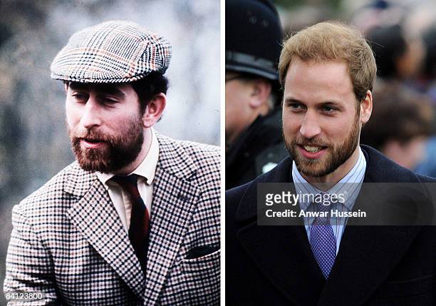 In this composite photo a comparison is made between Prince Charles, Prince of Wales seen with a beard in 1976 in Badminton, England and Prince...