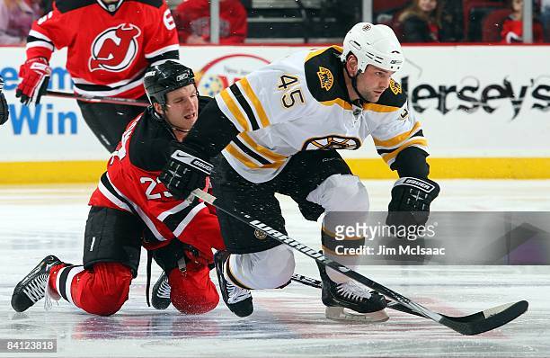 Mark Stuart of the Boston Bruins skates against the New Jersey Devils at the Prudential Center on December 23, 2008 in Newark, New Jersey. The Bruins...
