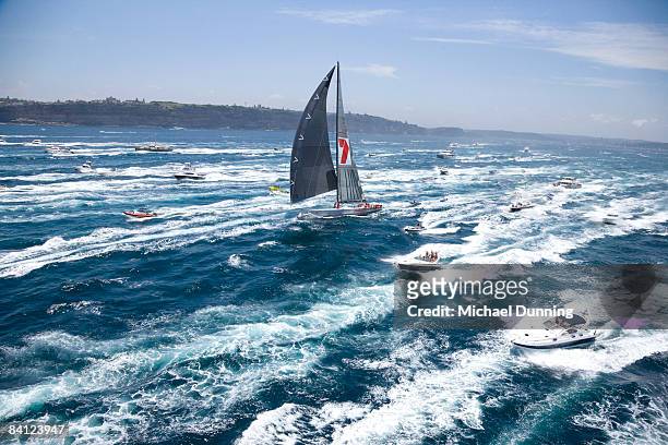 Spectator boats surround Wild Oats XI during the start of the 64th Sydney Hobart Yacht Race on December 26, 2008 in Sydney, Australia. A fleet of 100...