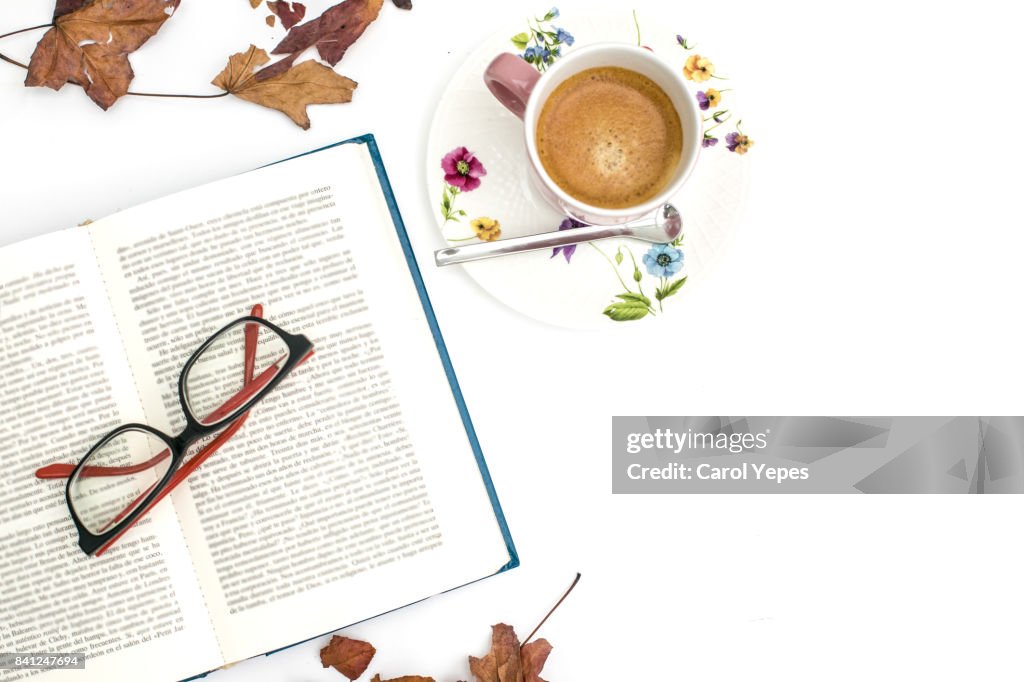 Overhead shot open book and coffee with autumn leaves