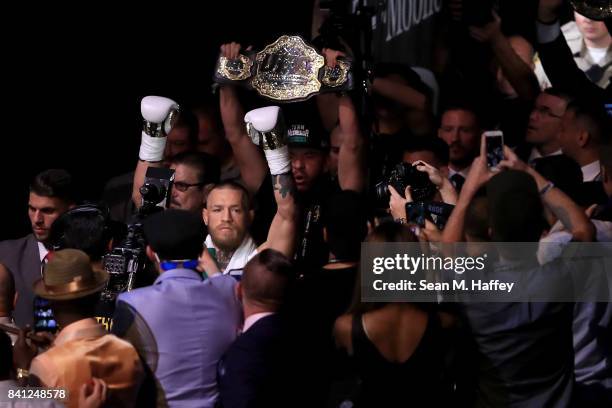 Conor McGregor walks to the ring prior to his super welterweight boxing match against Floyd Mayweather Jr. On August 26, 2017 at T-Mobile Arena in...