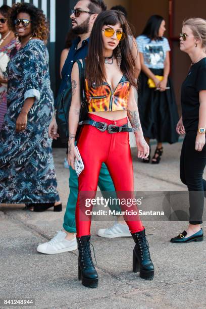 Visitor poses during Sao Paulo Fashion Week N44 SPFW Winter 2018 at Ibirapuera's Bienal Pavilion on August 30, 2017 in Sao Paulo, Brazil.