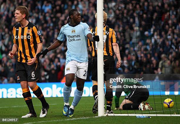 Felipe Caicedo of Manchester City celebrates after he has scored the second goal during the Barclays Premier League match between Manchester City and...