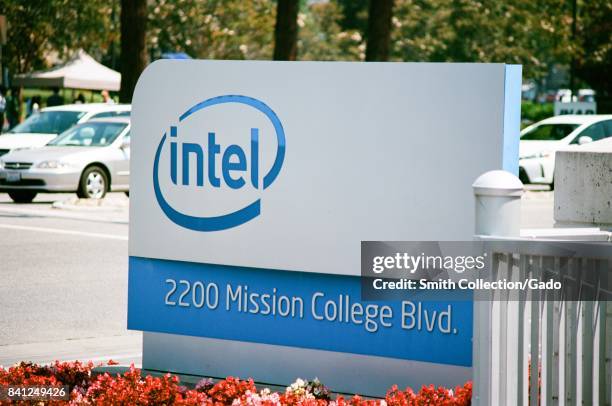 Signage with logo at the Silicon Valley headquarters of computer chip manufacturer Intel, Santa Clara, California, August 17, 2017.