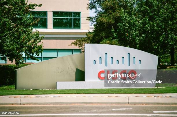 Signage with logo at the Silicon Valley headquarters of networking company Cisco, San Jose, California, August 17, 2017.