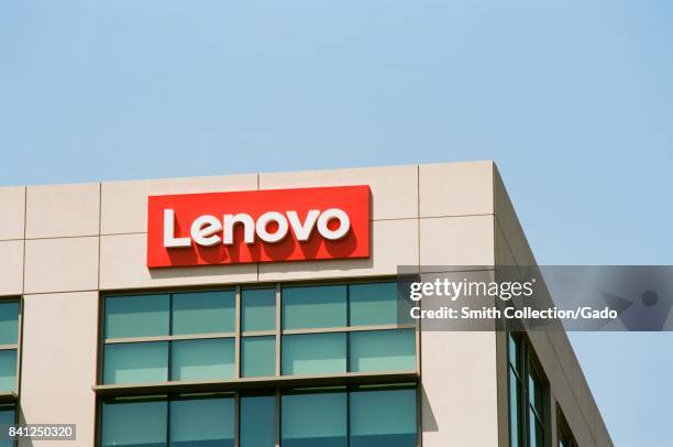 Signage with logo at the Silicon Valley headquarters of computer manufacturer Lenovo, Santa Clara, California, August 17, 2017.