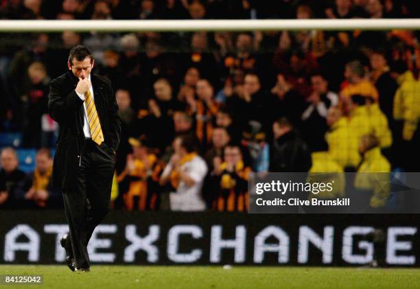 Hull Citys manager Phil Brown shows his dejection at the final whistle after the Barclays Premier League match between Manchester City and Hull City...