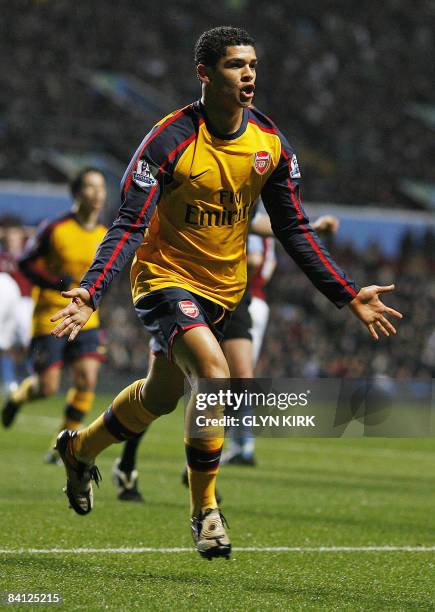 Arsenal's Brazilian midfielder Denilson celebrates scoring a goal against Aston Villa during their Premier League match on December 26, 2008 at Villa...