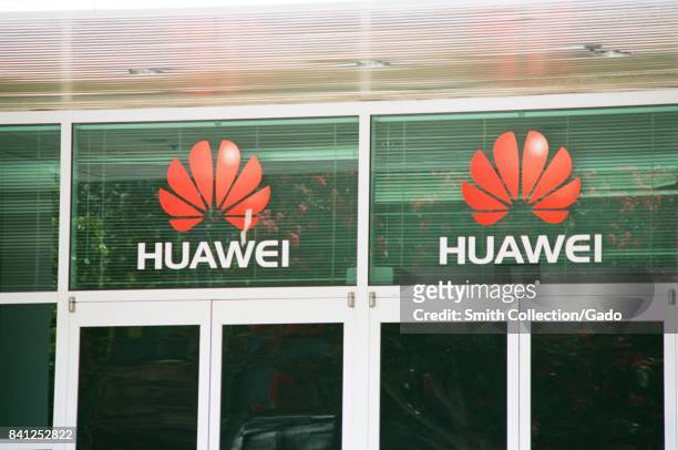 Logo above door at the Silicon Valley headquarters for computer hardware manufacturer Huawei, Santa Clara, California, August 17, 2017.