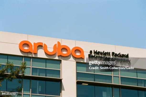 Signage with logo at the Silicon Valley headquarters of Hewlett Packard enterprise company Aruba Networks, Santa Clara, California, August 17, 2017.