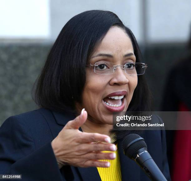 Orange-Osceola State Attorney Aramis Ayala during a news conference on the steps of the Orange County Courthouse in Orlando, Fla., on March 16, 2017.