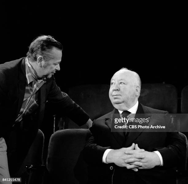 Film director Alfred Hitchcock is seen between takes while being interviewed for the performing arts television program, "Camera Three." Episode: The...