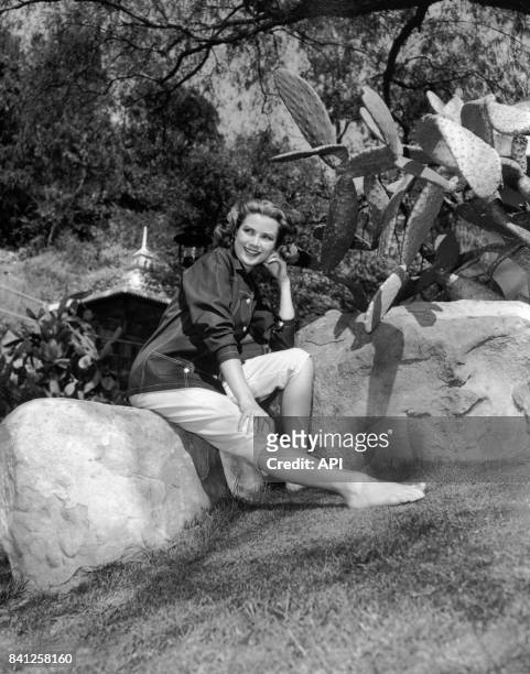 Portrait de l'actrice Grace Kelly assise sur un rocher en 1954.