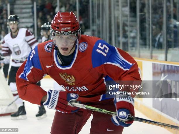 Evgeni Grachev of Russia skates in a game against Latvia at the Civic Centre on December 26, 2008 in Ottawa, Ontario, Canada.