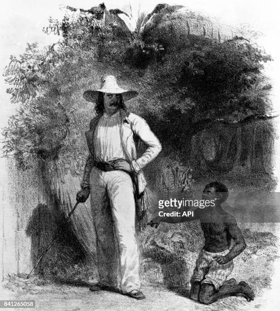 Gravure d'Eugène Leroux en 1880 représentant un esclave dans une plantation de canne à sucre en Martinique.