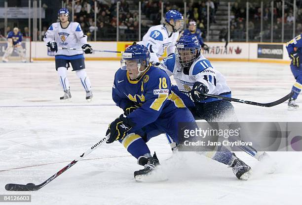 Toni Rajala of Finland chases Joakim Andersson of Sweden as he carries the puck at the Civic Centre on December 26, 2008 in Ottawa, Ontario, Canada.