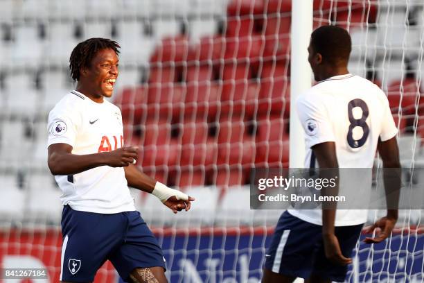 Kazaiah Sterling of Tottenham Hotspur celebrates scoring with team mate Shilow Tracey during the Premier League International Cup match between...