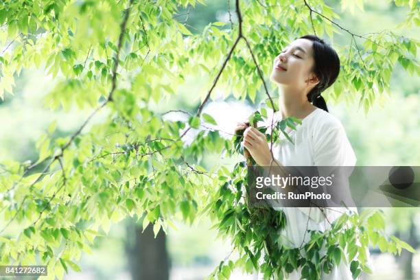 woman holding a tree in a park, closing her eyes and holding a smile - 息抜き ストックフォトと画像