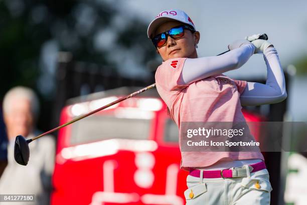 Ayako Uehara tees off on the 1st hole during the first round of the Canadian Pacific Women's Open on August 24, 2017 at The Ottawa Hunt and Golf...