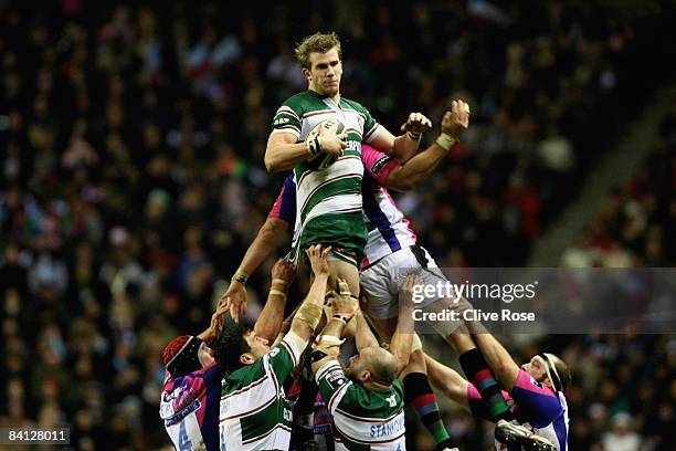 Tom Croft of Leicester wins lineout ball during the Guinness Premiership match between Harlequins and Leicester Tigers at Twickenham on December 27,...