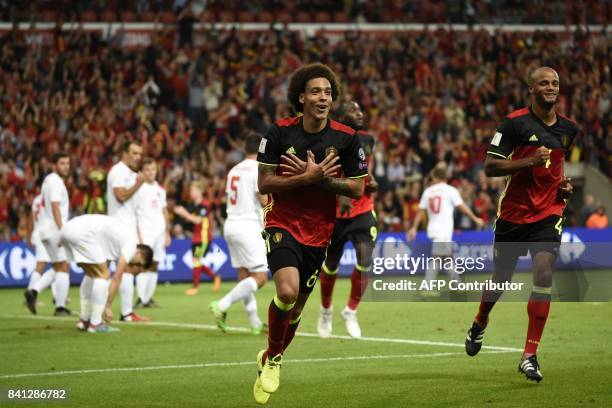 Belgium's midfielder Axel Witsel celebrates after scoring during the WC 2018 football qualification football match between Belgium and Gibraltar, at...