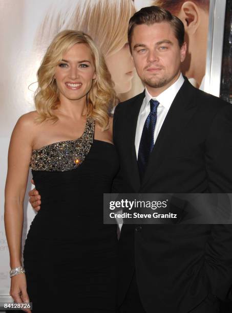 Kate Winslet and Leonardo DiCaprio arrives at the Los Angeles premiere of "Revolutionary Road" at the Mann Village Theater on December 15, 2008 in...