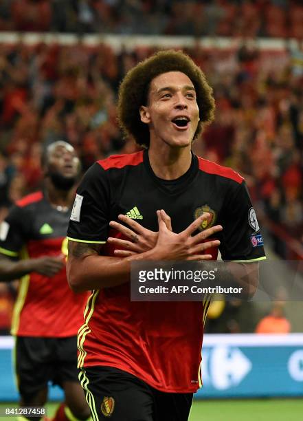 Belgium's midfielder Axel Witsel celebrates after scoring during the WC 2018 football qualification football match between Belgium and Gibraltar, at...