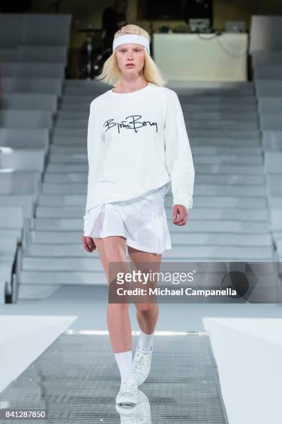 Model walks the runway during the Bjorn Borg show on second day of Stockholm Fashion Week Spring/Summer 18 at Royal Tennis Hall on August 31, 2017 in...