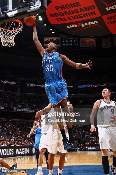 Kevin Durant of the Oklahoma City Thunder attempts a dunk against the Washington Wizards at the Verizon Center on December 27, 2008 in Washington,...