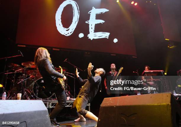 Svatoslav Vakarachuk, Denis Dudko, Vladimir Opsenica and Milos Jelic of the band Okean Enzy perform at the Avalon, Hollywood on March 13, 2017 in Los...