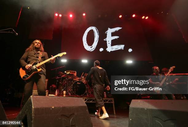 Svatoslav Vakarachuk, Denis Dudko, Denis Glinin, Vladimir Opsenica and Milos Jelic of the band Okean Enzy perform at the Avalon, Hollywood on March...