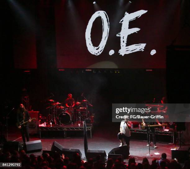 Svatoslav Vakarachuk, Denis Dudko, Denis Glinin, Vladimir Opsenica and Milos Jelic of the band Okean Enzy perform at the Avalon, Hollywood on March...