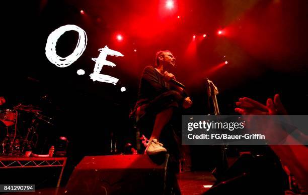 Svatoslav Vakarachuk, Denis Dudko, and Milos Jelic of the band Okean Enzy perform at the Avalon, Hollywood on March 12, 2017 in Los Angeles,...