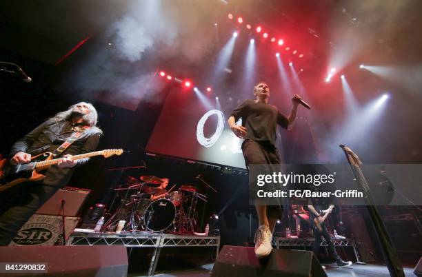 Svatoslav Vakarachuk, Denis Dudko, Denis Glinin, Vladimir Opsenica and Milos Jelic of the band Okean Enzy perform at the Avalon, Hollywood on March...