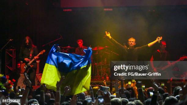 Svatoslav Vakarachuk, Denis Dudko, Denis Glinin and Vladimir Opsenica of the band Okean Enzy perform at the Avalon, Hollywood on March 13, 2017 in...