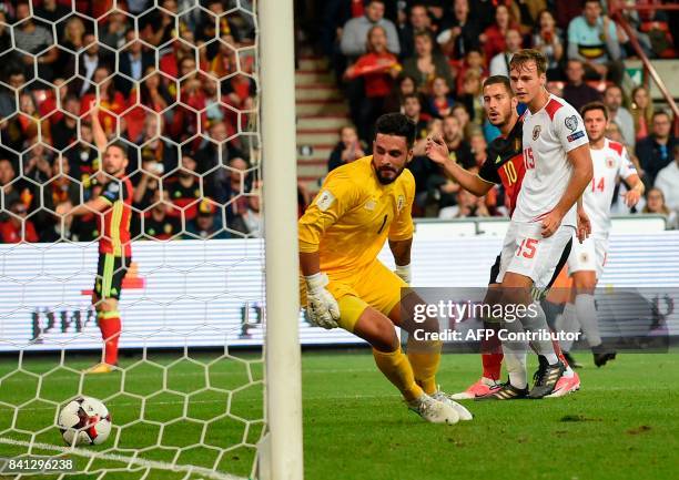Belgium's midfielder Eden Hazard scores a goal during the WC 2018 football qualification football match between Belgium and Gibraltar, at the...