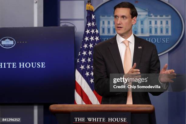 White House Homeland Security Advisor Tom Bossert answers reporters' questions during a news conference in the Brady Press Briefing Room at the White...