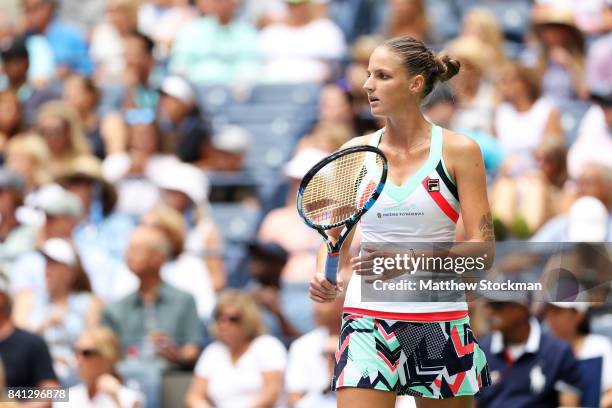 Kristyna Pliskova of Czech Republic reacts against Nicole Gibbs of the United States during their second round Women's Singles match on Day Four of...