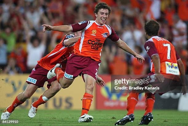 Thomas Oar of the Roar celebrates scoring a winning goal in the final minutes of the match during the round 17 A-League match between the Queensland...