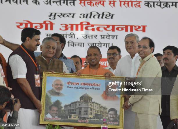 Yogi Adityanath inaugurates the Kailash Mansarovar Bhawan in Kavi Nagar Ramlila Ground on August 31, 2017 in Ghaziabad, India.