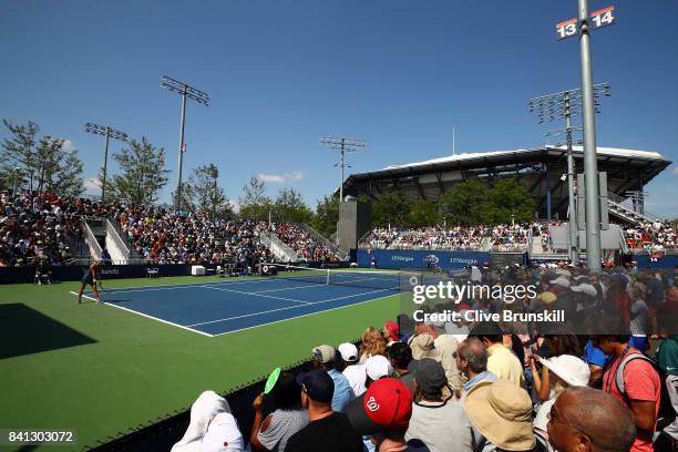 Denisa Allertova of Czech Republic serves against Naomi Osaka of Japan during their second round Women's Singles matchon Day Four of the 2017 US Open...